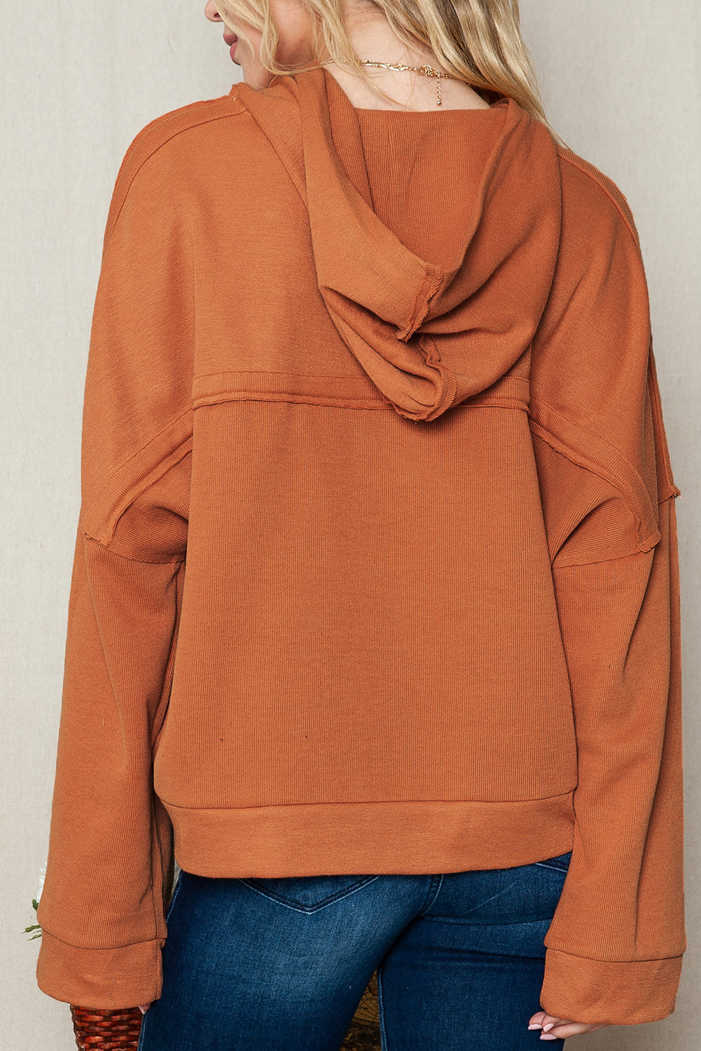 Quarter-Button Exposed Seam Dropped Shoulder Hoodie