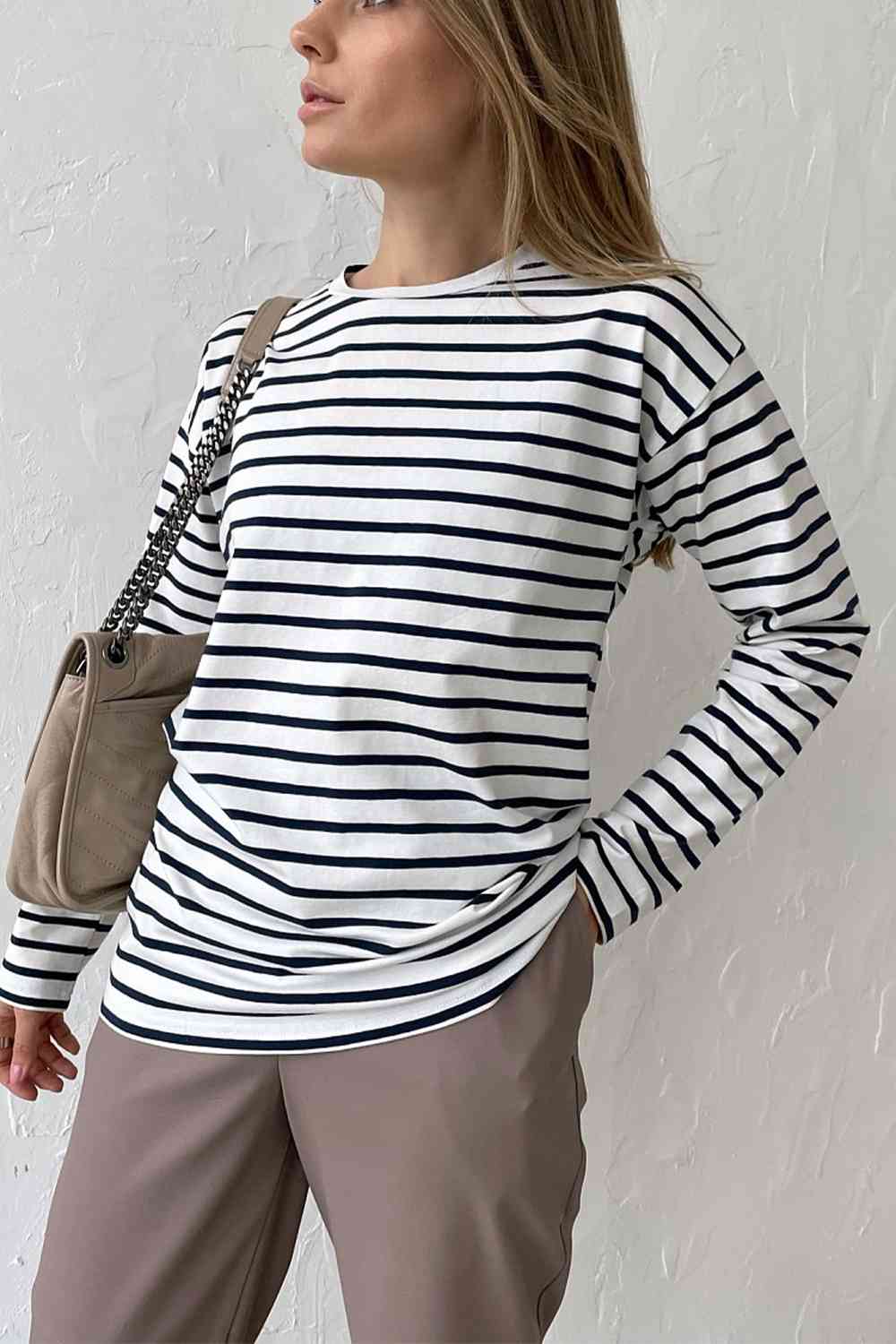 Round Neck Striped Dropped Shoulder T-Shirt